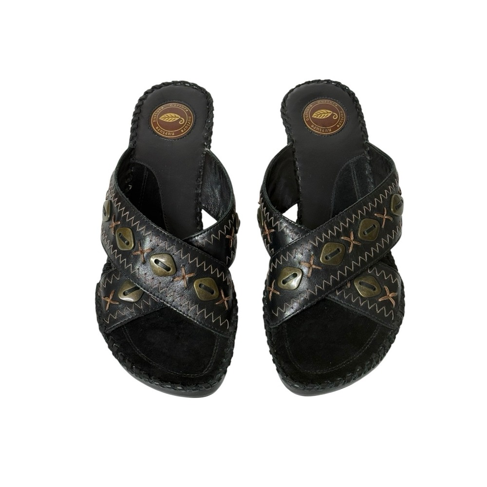 Nurture Black Leather Criss Cross Slip On Heeled‎ Sandals Womens 8M
